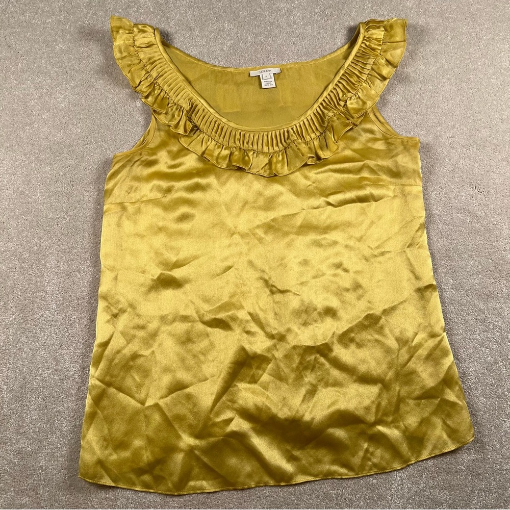 J Crew Silk Tank Ruffle Round Neck Golden Yellow Lightweight Sleeveless womens 2